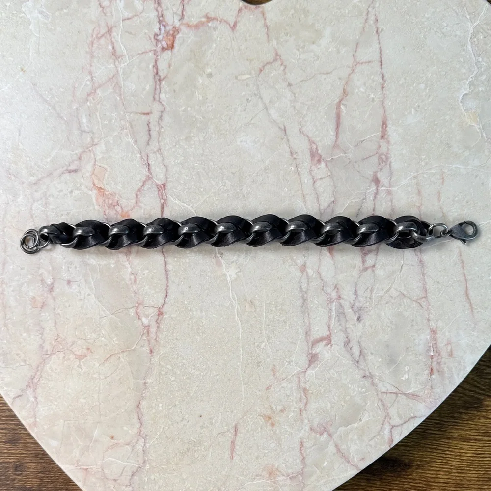 Fossil Leather & Silver Chain Unisex Bracelet